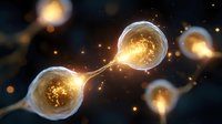 Glowing neurons with synaptic connections on dark background, golden light particles and energy transfer between nerve cells showing neural network activity.