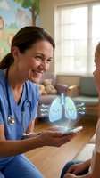 Female doctor in blue scrubs using tablet with animated lungs hologram for patient education in pediatric clinic setting.