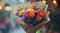 Vibrant bouquet of mixed flowers with orange roses, yellow daisies, and purple blooms wrapped in kraft paper, perfect for special occasions and celebrations.