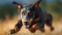 Energetic Doberman puppy running outdoors with mouth open, showing playful expression during golden hour light. Pet training, exercise and active lifestyle concept.
