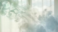 Soft pastel smoke with floating geometric cubes creating dreamy abstract composition for modern design projects and creative backgrounds.