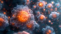 Microscopic view of glowing orange virus cell surrounded by smoky particles in dark blue environment, scientific medical visualization for healthcare concept.