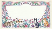 Decorative floral border frame with cute cats sitting among colorful flowers and leaves on cream background for greeting cards and invitations.