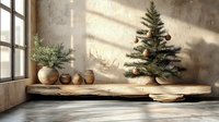 Rustic wooden shelf with ceramic pottery and evergreen branches in sunlit room with textured walls and wooden floors for home decor styling.