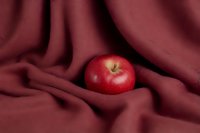 Red apple nestled in soft burgundy fabric folds creating elegant still life composition for food photography and culinary design projects.
