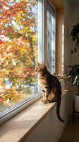 Tabby cat sitting on windowsill looking outside at colorful autumn foliage through large window in cozy home interior with houseplants and warm natural light.