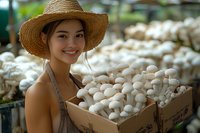 Young Asian female farmer in straw hat holding fresh harvested white mushrooms in cardboard box at organic farm market, displaying genuine smile.