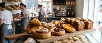 Fresh baked croissants and pastries displayed on wooden counter in modern bakery with chefs working in background. Commercial food photography for cafes.