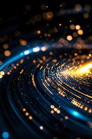 Abstract glowing circular pattern with blue and golden light particles creating dynamic spiral movement against dark background. Suitable for tech designs.