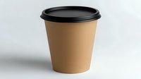 Kraft paper coffee cup with black lid on light background, isolated disposable takeaway container for hot beverages and branding mockup designs.