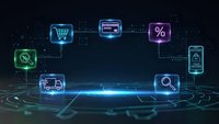 Digital commerce ecosystem with glowing icons connected by network lines on futuristic holographic platform for fintech and e-business solutions.