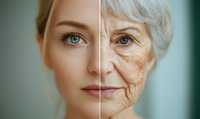 Split face portrait showing aging process with young woman transforming into elderly female, highlighting contrasting skin textures and facial features against soft background.