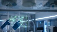 Young male technician in dark gloves interacting with holographic data visualization on transparent glass surface in modern laboratory or tech facility environment for innovation concepts.