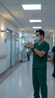 Male doctor in green scrubs using futuristic holographic medical interface technology in modern hospital corridor with digital healthcare icons.