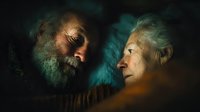 Elderly couple lying in bed together sharing intimate moment with dramatic lighting creating warm romantic atmosphere for relationship concepts.