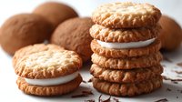Homemade cream-filled sandwich cookies stacked in tower with chocolate truffles in background, selective focus on crispy golden biscuits and white filling.
