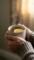 Hands holding warm ceramic mug with steaming lemon tea, cozy winter beverage for relaxation, wellness and comfort lifestyle photography.
