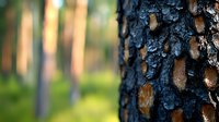 Pine tree bark close-up with rough textured pattern in black and brown colors against blurred forest background showing tree trunks in warm sunlight.