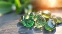 Green and yellow translucent glass stones scattered on wooden surface in sunlight with soft bokeh effect, creating magical healing atmosphere for wellness and spa.