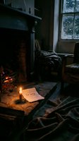Moody dark interior with glowing fireplace, lit candle, and handwritten sorry note on floor, evoking emotion, regret, and dramatic storytelling atmosphere.