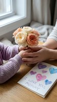 Tender moment between mother and child sharing peach roses with handmade love card on wooden table by window for Mothers Day celebration.