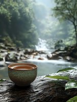 Ceramic cup with hot tea on stone by mountain stream waterfall. Tranquil morning atmosphere with mist and green forest creates peaceful zen meditation scene.
