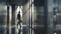 Business professional walking through modern office corridor with dramatic lighting and glass walls creating sophisticated corporate atmosphere.