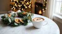 Cozy Christmas morning scene with hot cocoa cup and festive wreath on marble table by fireplace with warm bokeh lights creating holiday atmosphere.