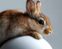 Close-up portrait of brown dwarf rabbit with soft fur resting on white round surface against gray background, side view showing detailed facial features and whiskers.