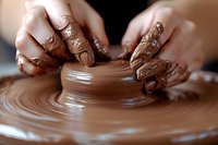 Hands covered in clay working on pottery wheel, shaping brown ceramic vessel. Close-up view shows artistic process of throwing pot with wet clay on spinning wheel.