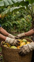 Farmer hands in work gloves holding wicker basket filled with fresh cacao pods in tropical plantation surrounded by lush green foliage and banana leaves.