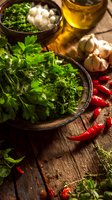 Fresh herbs, garlic, and red chili peppers in rustic bowls on wooden table with olive oil, creating aromatic cooking ingredients for Mediterranean cuisine.
