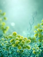 Green bacteria cells and DNA helix on turquoise background for medical research, biotechnology studies, microbiology education and scientific presentations.