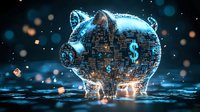 Digital piggy bank with glowing circuit patterns and dollar symbols floating in dark space with bokeh lights and water reflections. Modern finance concept.