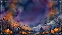 Spooky Halloween landscape with glowing pumpkins, bare trees, bats flying across purple twilight sky. Haunted atmosphere perfect for seasonal designs.