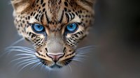 Stunning leopard portrait with piercing blue eyes and detailed spotted fur pattern against blurred background for wildlife photography and nature designs.