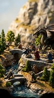 Miniature fantasy diorama with dragon and medieval characters on stone bridge over stream. Detailed tabletop gaming scene with knights and castle ruins.