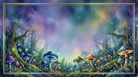 Enchanted forest floor with glowing mushrooms, bioluminescent fungi, and magical woodland atmosphere under starlit sky with ethereal light effects.