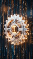Glowing digital gear mechanism with binary code background representing automation, technology innovation and industrial digitalization processes.