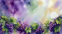 Watercolor grapevine border with purple grapes and green leaves on a soft violet and yellow background, perfect for wine, harvest, or autumn designs.