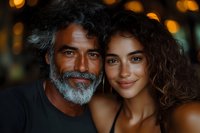 Close up portrait of mature man with gray beard and young woman with curly hair smiling at camera against blurred warm bokeh lights background.