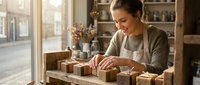 Woman with brown hair and fair complexion, wearing glasses and a beige apron, wrapping kraft paper boxes on a wooden table in a bright studio workspace with shelving and natural window light, suitable for small business, crafts, packaging, and entrepreneurship concepts.