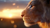 Majestic lion profile at golden sunset with bokeh light effects, close up view showing detailed fur texture and whiskers against dramatic sky background.