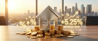 Real estate investment property with golden coins stacked around miniature house model and financial growth percentages displayed, representing mortgage rates and housing market returns.