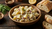 Potato salad with fresh dill, red onion, and creamy dressing served in wooden bowl with crusty bread slices and ingredients on dark surface.