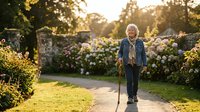 Elderly Caucasian man with walking cane strolling through blooming garden path during golden hour sunset creating peaceful retirement lifestyle moment.