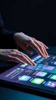 Female hands with rings touching digital tablet screen displaying colorful app icons and interface elements in dark modern workspace setting.