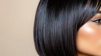 Young Asian woman with straight glossy black hair and glowing skin shown in profile view against neutral background, demonstrating healthy hair care and beauty concept.