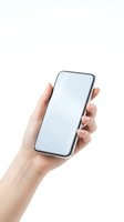 Hand holding modern smartphone with blank white screen isolated on white background for app presentation and mobile technology mockup design.