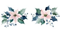 Watercolor poinsettia flowers with holly leaves and berries in soft pink and navy blue tones isolated on white background for holiday design projects.